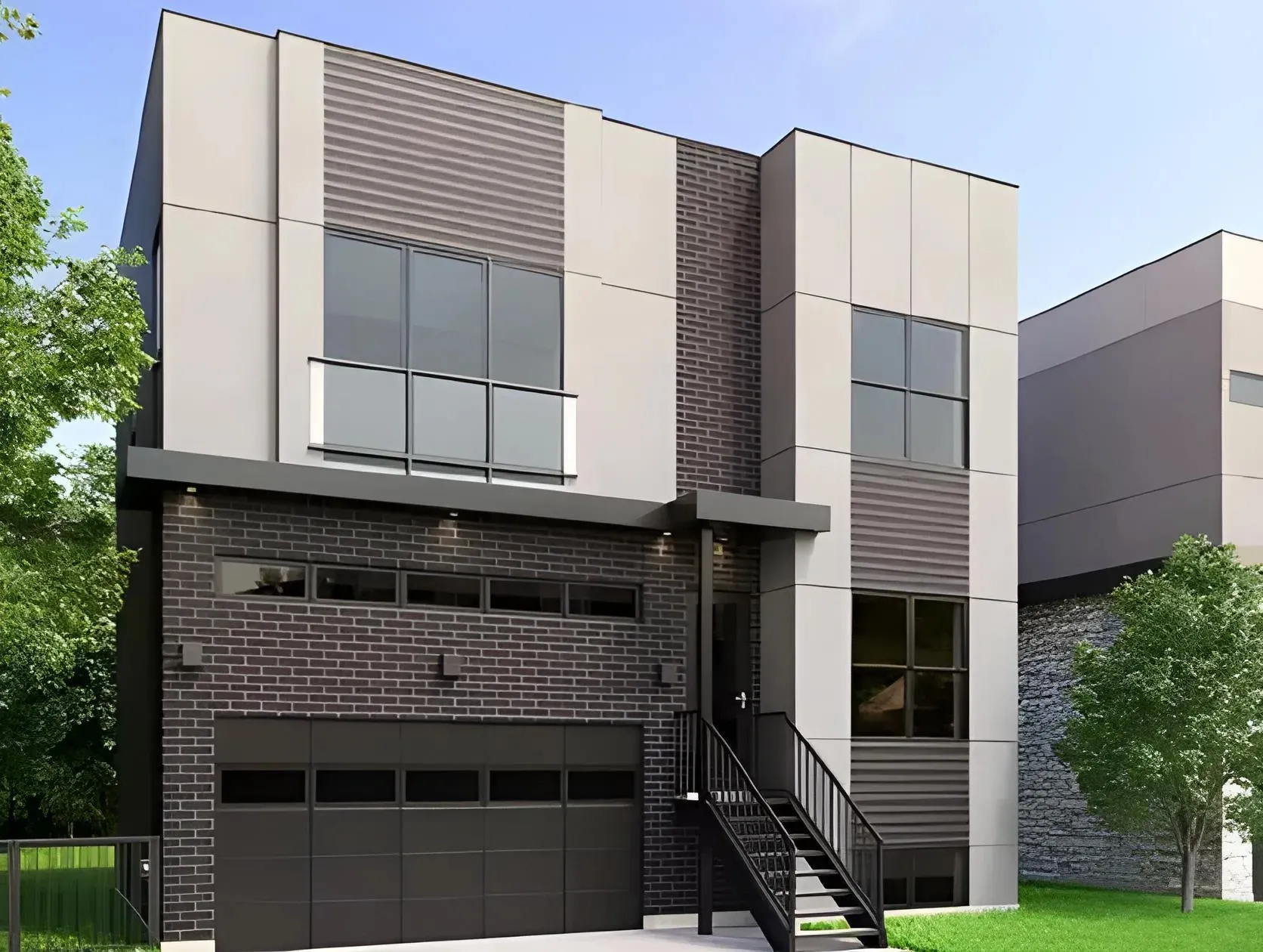 A modern two-story house with a mix of dark brick and light-colored panels. The front features a double garage door, large windows, and a black staircase leading to the entrance. The facade includes both horizontal and vertical elements for a sleek appearance.